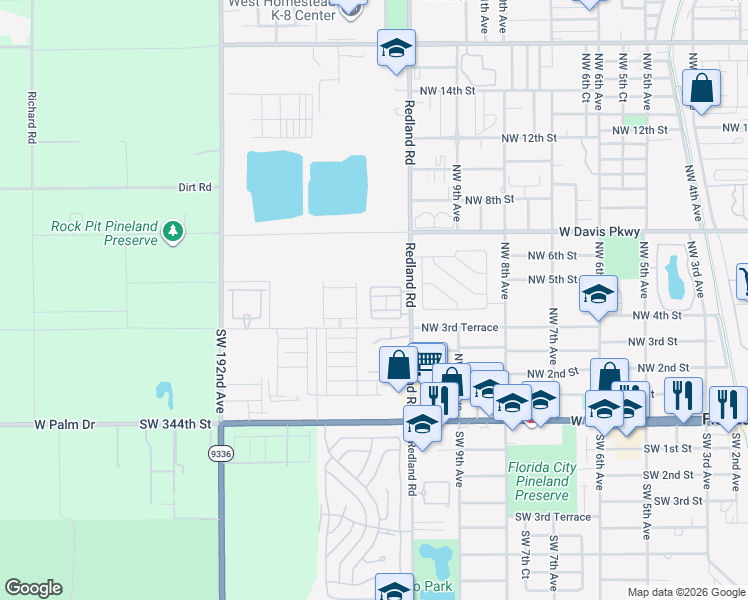 map of restaurants, bars, coffee shops, grocery stores, and more near 33690 Southwest 187th Avenue in Florida City