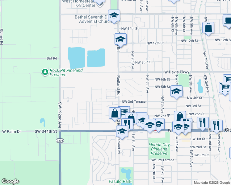 map of restaurants, bars, coffee shops, grocery stores, and more near 33690 Southwest 187th Avenue in Florida City
