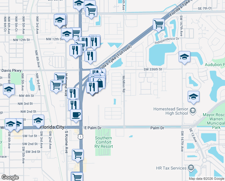 map of restaurants, bars, coffee shops, grocery stores, and more near 380 Northeast 5th Place in Florida City
