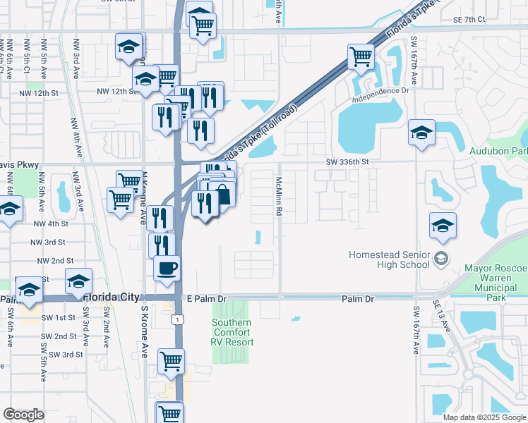 map of restaurants, bars, coffee shops, grocery stores, and more near 380 Northeast 5th Place in Florida City