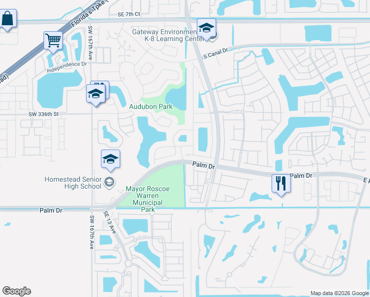 map of restaurants, bars, coffee shops, grocery stores, and more near 1500 Southeast 23rd Street in Homestead