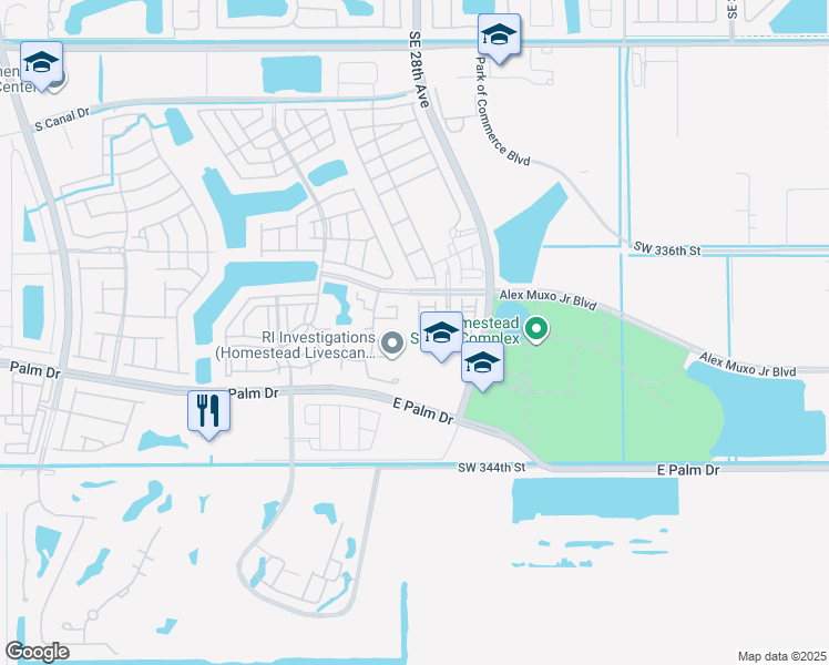 map of restaurants, bars, coffee shops, grocery stores, and more near 2626 Southeast 21st Court in Homestead