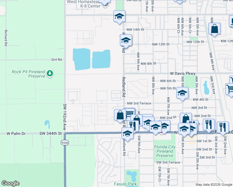 map of restaurants, bars, coffee shops, grocery stores, and more near 33690 Southwest 187th Avenue in Florida City