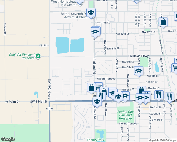map of restaurants, bars, coffee shops, grocery stores, and more near 33690 Southwest 187th Avenue in Florida City