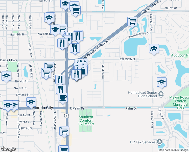 map of restaurants, bars, coffee shops, grocery stores, and more near 380 Northeast 5th Place in Florida City