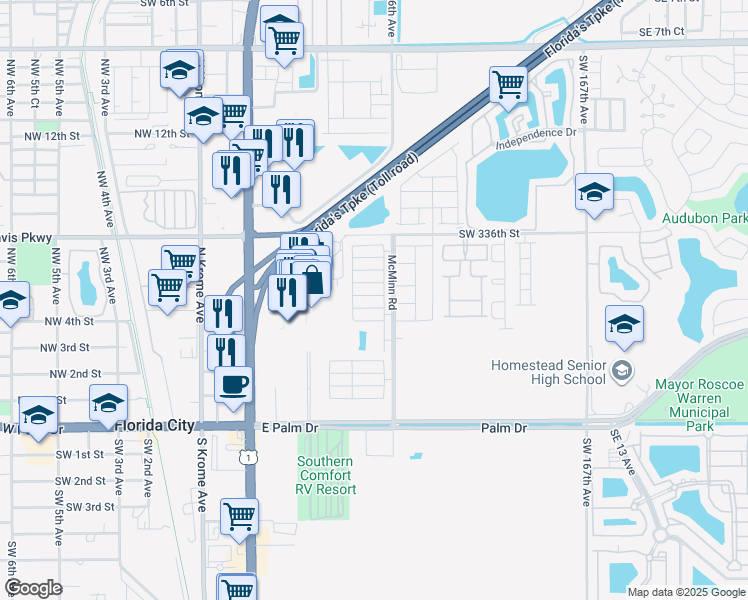 map of restaurants, bars, coffee shops, grocery stores, and more near 380 Northeast 5th Place in Florida City