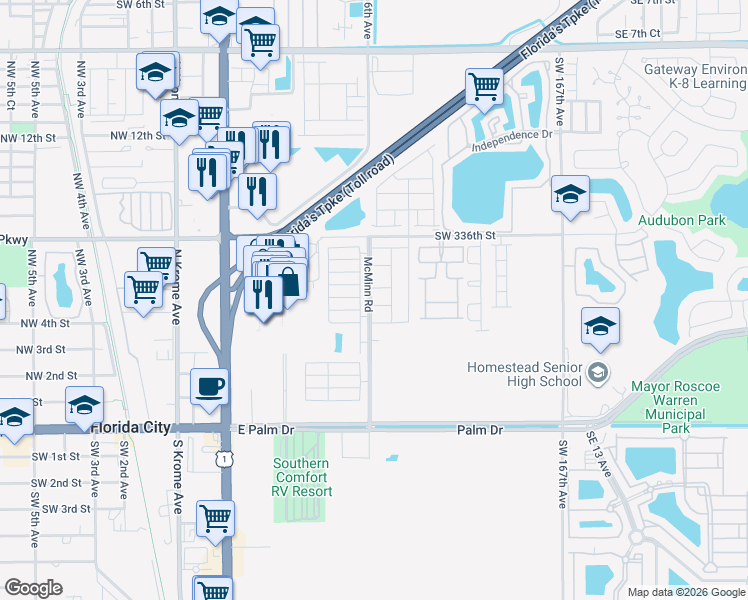 map of restaurants, bars, coffee shops, grocery stores, and more near 600 Northeast 5th Street in Florida City