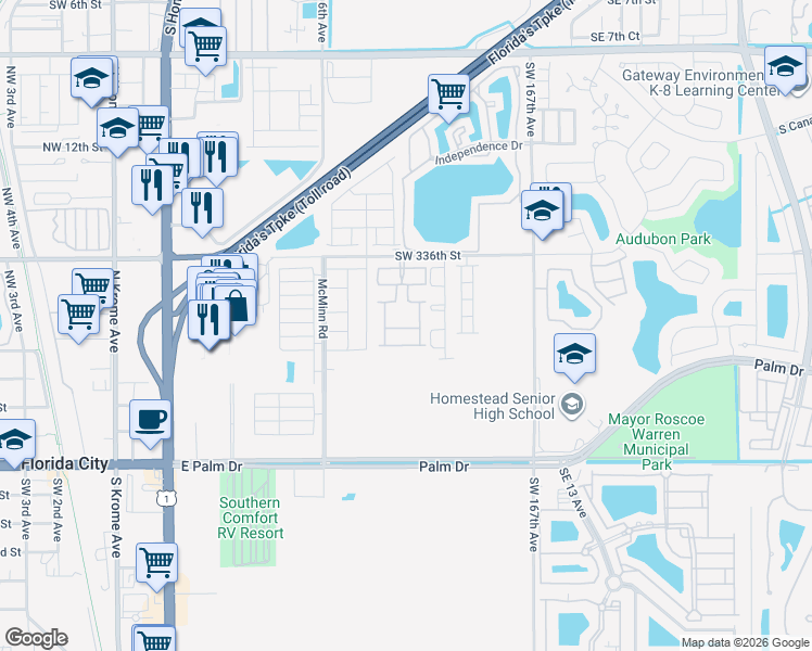 map of restaurants, bars, coffee shops, grocery stores, and more near 814 Southeast 17 Street in Homestead