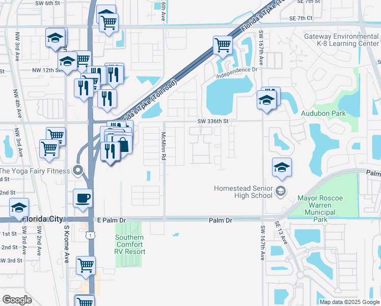 map of restaurants, bars, coffee shops, grocery stores, and more near 525 Northeast 6th Place in Homestead