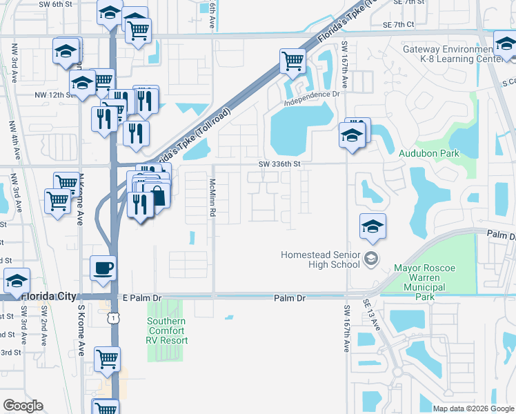 map of restaurants, bars, coffee shops, grocery stores, and more near 814 Southeast 17 Street in Homestead