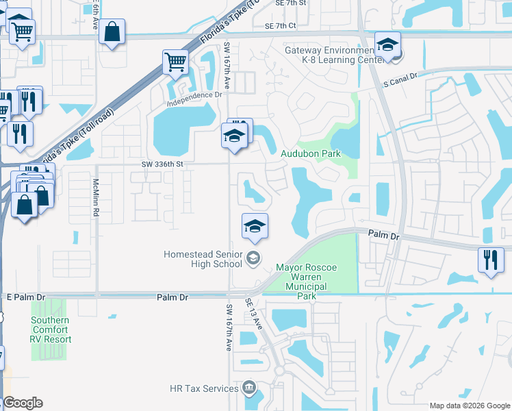 map of restaurants, bars, coffee shops, grocery stores, and more near 2509 San Remo Circle in Homestead