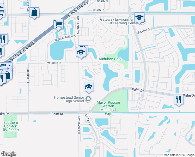 map of restaurants, bars, coffee shops, grocery stores, and more near 1444 Yellowthroat Street in Homestead
