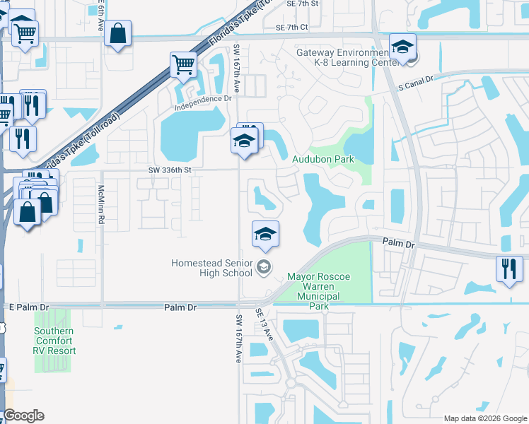 map of restaurants, bars, coffee shops, grocery stores, and more near 2105 San Remo Circle in Homestead