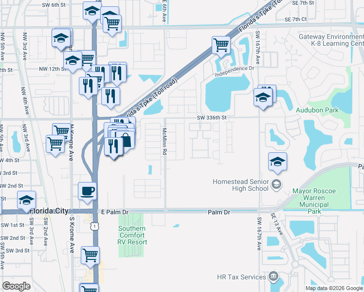 map of restaurants, bars, coffee shops, grocery stores, and more near 525 Northeast 6th Place in Homestead