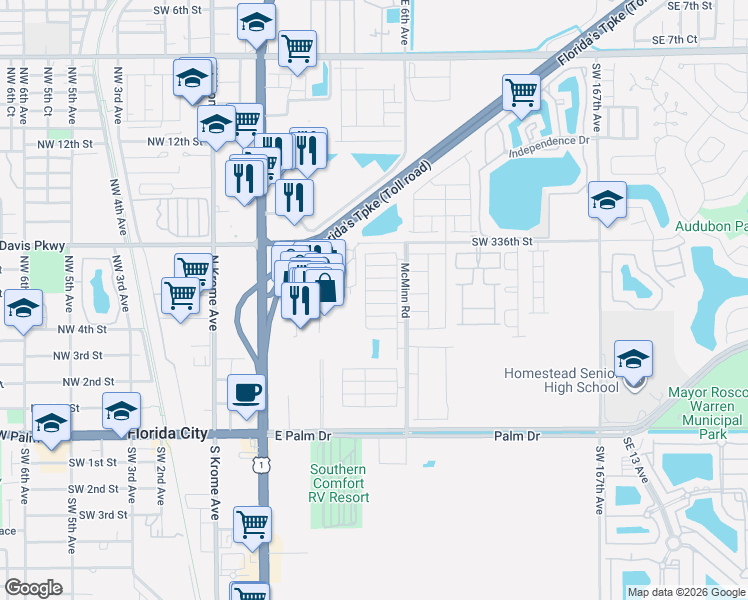 map of restaurants, bars, coffee shops, grocery stores, and more near 440 Northeast 5th Street in Florida City