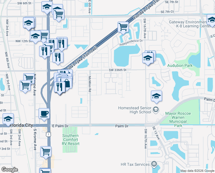 map of restaurants, bars, coffee shops, grocery stores, and more near 814 Southeast 17 Street in Homestead