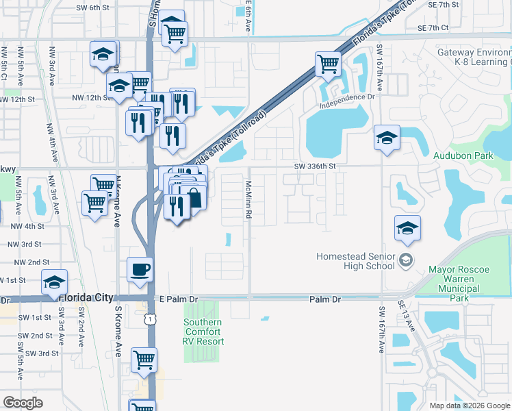 map of restaurants, bars, coffee shops, grocery stores, and more near 600 Northeast 5th Street in Florida City
