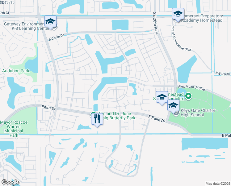 map of restaurants, bars, coffee shops, grocery stores, and more near 1932 Southeast 23rd Road in Homestead