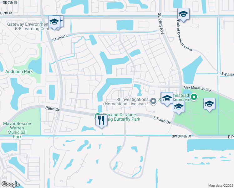 map of restaurants, bars, coffee shops, grocery stores, and more near 1932 Southeast 23rd Road in Homestead