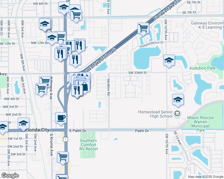 map of restaurants, bars, coffee shops, grocery stores, and more near 600 Northeast 5th Street in Florida City
