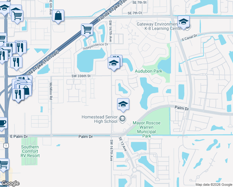 map of restaurants, bars, coffee shops, grocery stores, and more near 2915 San Remo Circle in Homestead