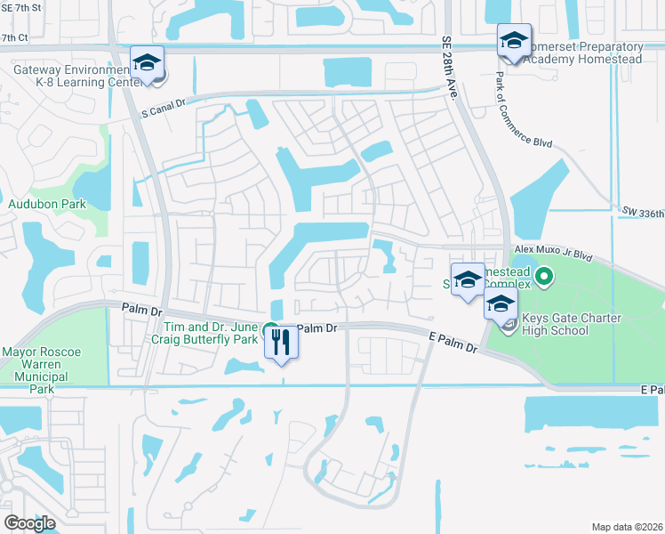 map of restaurants, bars, coffee shops, grocery stores, and more near 1932 Southeast 23rd Road in Homestead