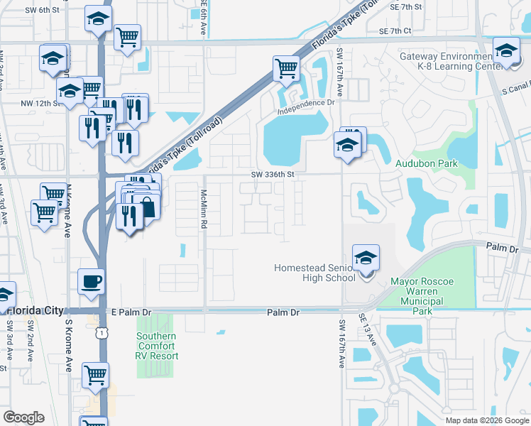 map of restaurants, bars, coffee shops, grocery stores, and more near 814 Southeast 17 Street in Homestead