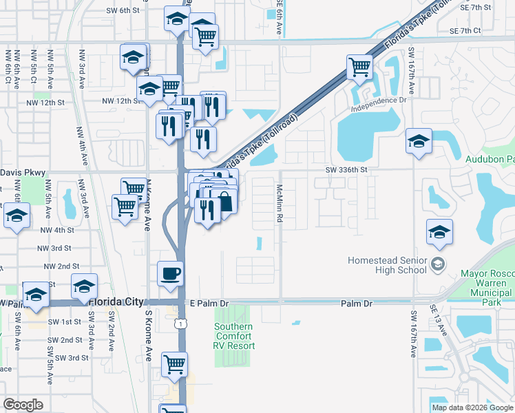 map of restaurants, bars, coffee shops, grocery stores, and more near 440 Northeast 5th Street in Florida City