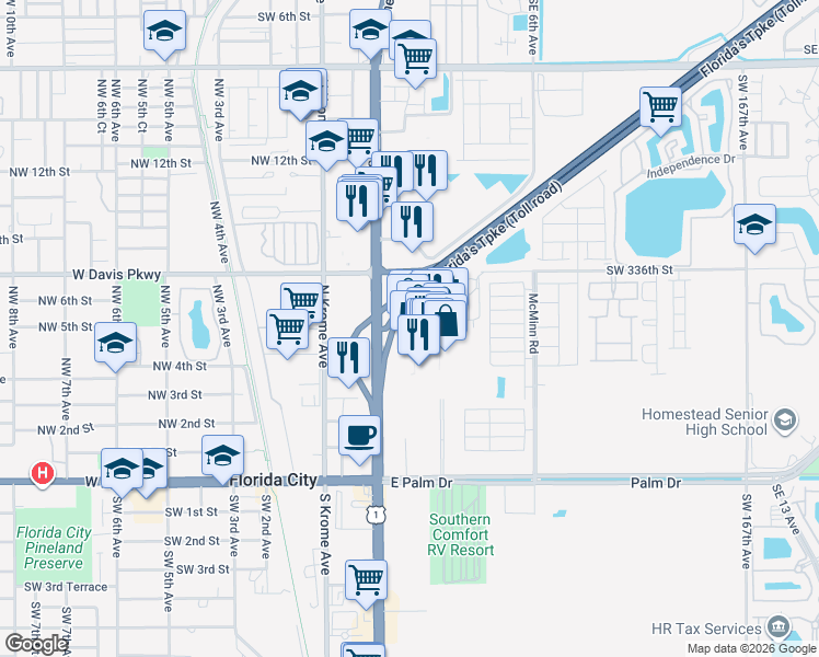 map of restaurants, bars, coffee shops, grocery stores, and more near 575 Northeast 1st Avenue in Florida City