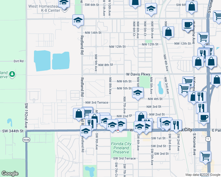 map of restaurants, bars, coffee shops, grocery stores, and more near 515 Northwest 8th Street in Florida City