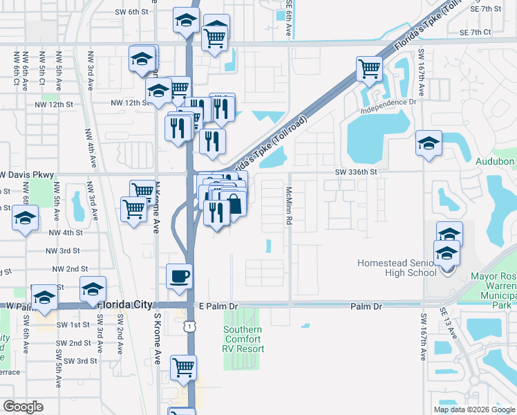 map of restaurants, bars, coffee shops, grocery stores, and more near 440 Northeast 5th Street in Florida City