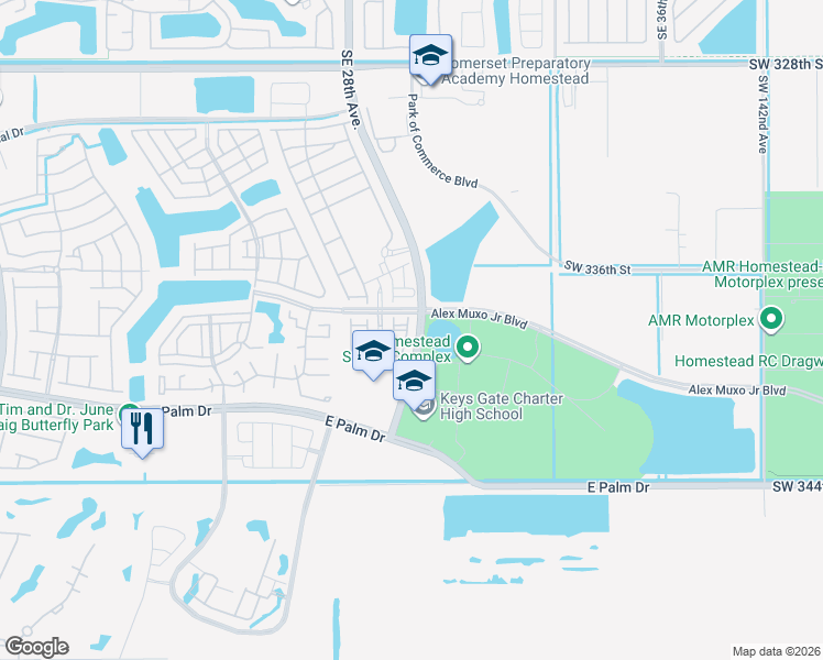 map of restaurants, bars, coffee shops, grocery stores, and more near Southeast 28th Avenue in Homestead