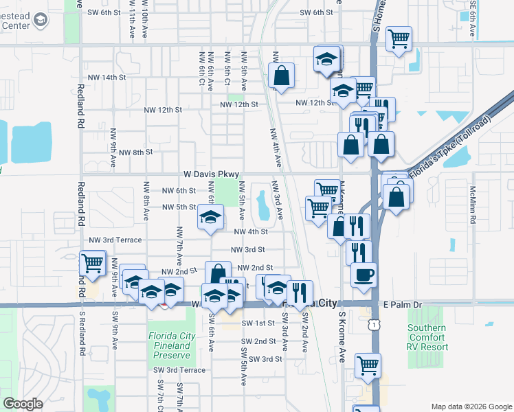 map of restaurants, bars, coffee shops, grocery stores, and more near 501 Northwest 5th Avenue in Florida City