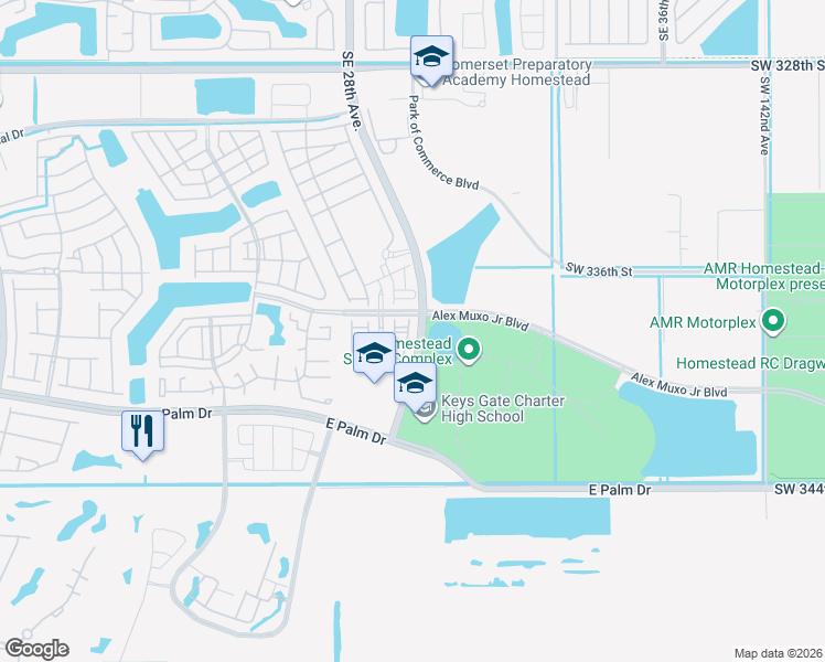 map of restaurants, bars, coffee shops, grocery stores, and more near Southeast 28th Avenue in Homestead