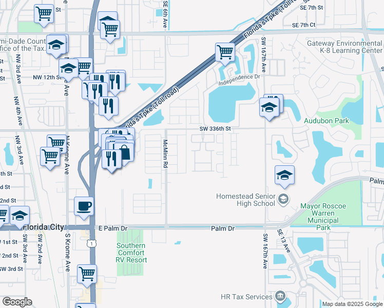 map of restaurants, bars, coffee shops, grocery stores, and more near 525 Northeast 6th Place in Homestead