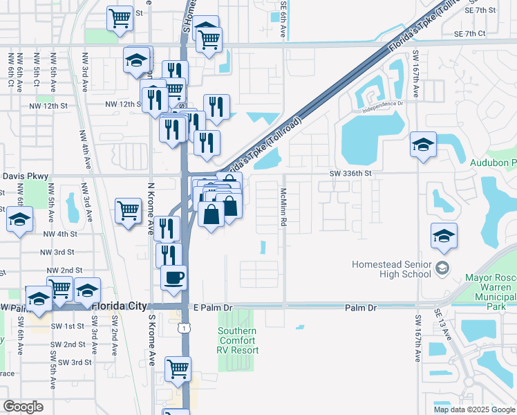 map of restaurants, bars, coffee shops, grocery stores, and more near 440 Northeast 5th Street in Florida City