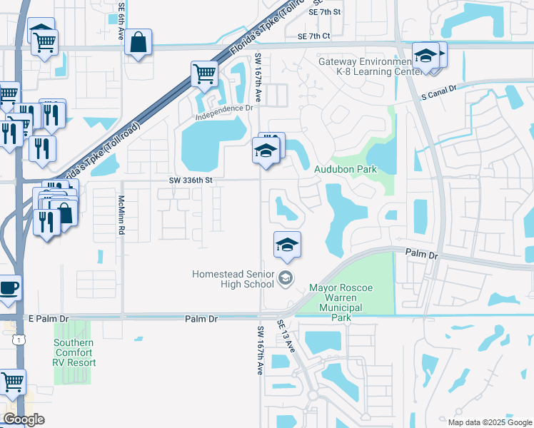 map of restaurants, bars, coffee shops, grocery stores, and more near 2915 San Remo Circle in Homestead