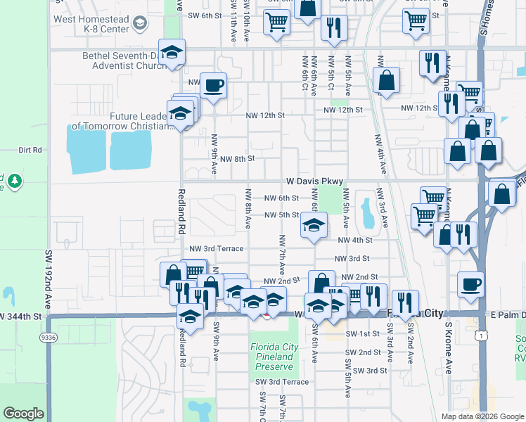 map of restaurants, bars, coffee shops, grocery stores, and more near 756 Northwest 5th Street in Florida City