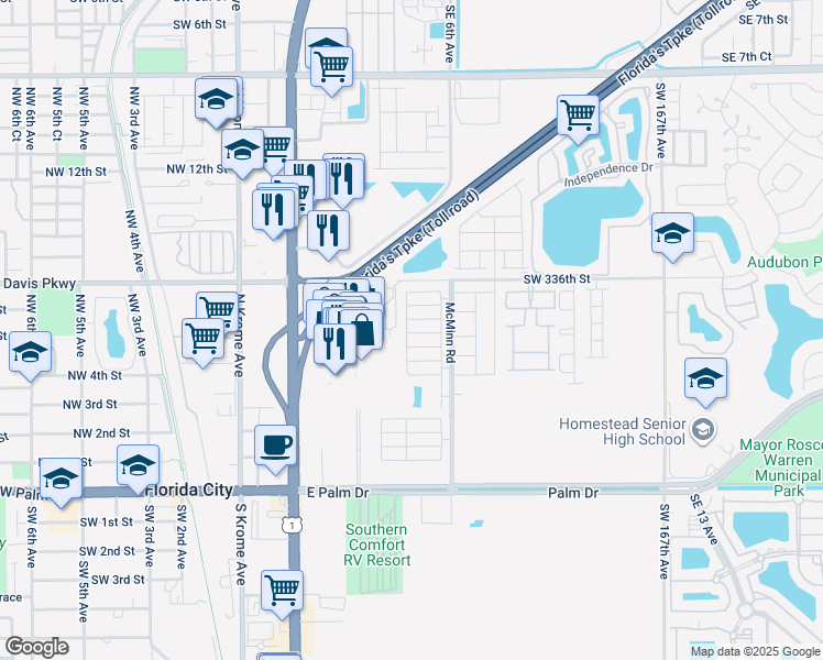 map of restaurants, bars, coffee shops, grocery stores, and more near 440 Northeast 5th Street in Florida City