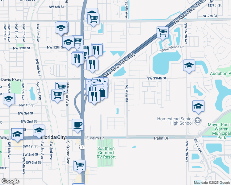 map of restaurants, bars, coffee shops, grocery stores, and more near 440 Northeast 5th Street in Florida City