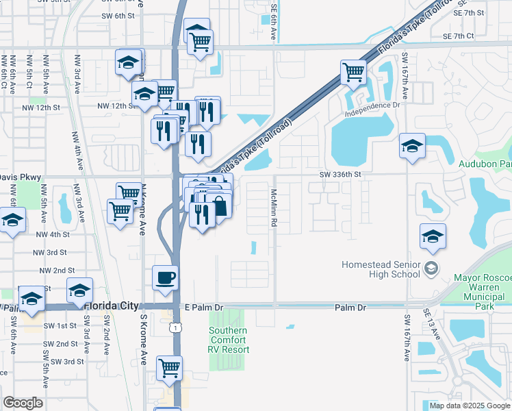 map of restaurants, bars, coffee shops, grocery stores, and more near 440 Northeast 5th Street in Florida City