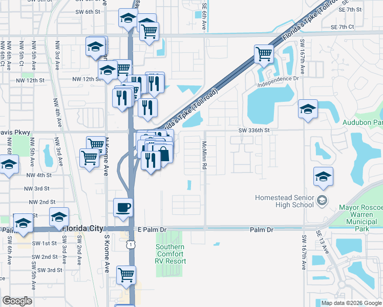 map of restaurants, bars, coffee shops, grocery stores, and more near 440 Northeast 5th Street in Florida City