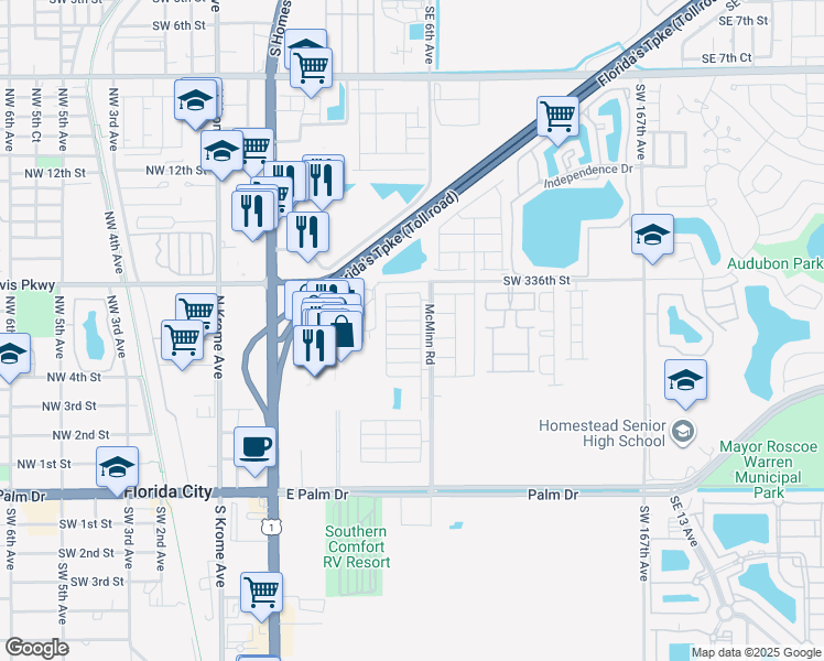 map of restaurants, bars, coffee shops, grocery stores, and more near 600 Northeast 5th Street in Florida City