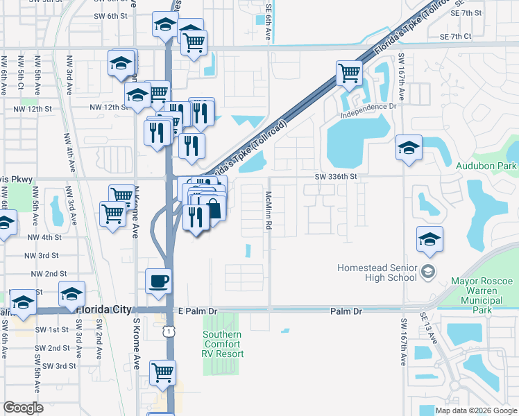 map of restaurants, bars, coffee shops, grocery stores, and more near 600 Northeast 5th Street in Florida City