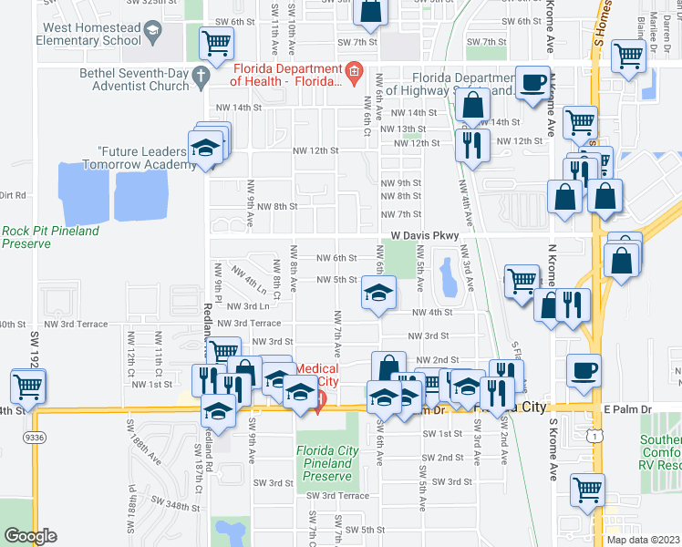 map of restaurants, bars, coffee shops, grocery stores, and more near 692 Northwest 5th Street in Florida City
