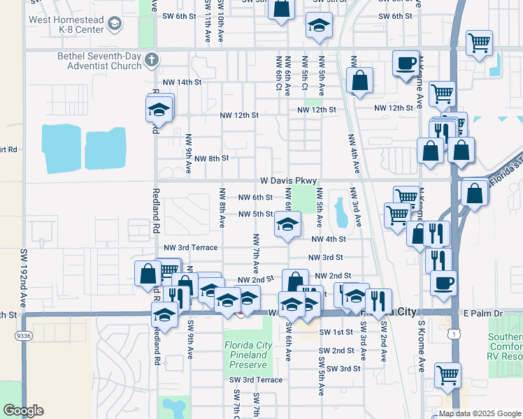 map of restaurants, bars, coffee shops, grocery stores, and more near 680 Northwest 5th Street in Florida City