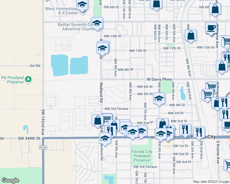 map of restaurants, bars, coffee shops, grocery stores, and more near 916 Northwest 4th Lane in Florida City
