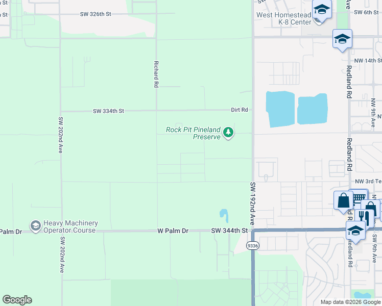 map of restaurants, bars, coffee shops, grocery stores, and more near 33466-33598 Southwest 194th Avenue in Homestead