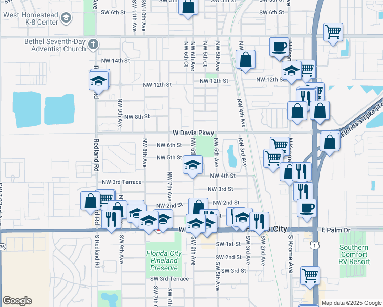 map of restaurants, bars, coffee shops, grocery stores, and more near 600 Northwest 5th Street in Florida City
