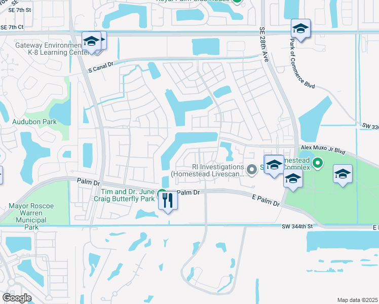 map of restaurants, bars, coffee shops, grocery stores, and more near 1932 Southeast 23rd Road in Homestead